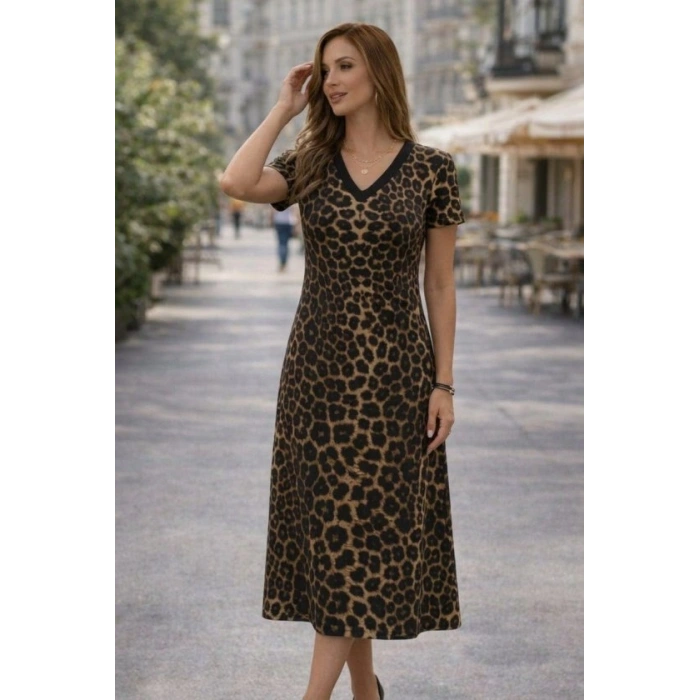 Biçomi Kadın Kısa Kollu V Yakalı Leopar Desenli Kısa Süprem Elbise