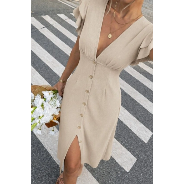 Biçomi Kadın Kısa Kollu V Yakalı önden Düğmeli Bürümcük Midi Elbise
