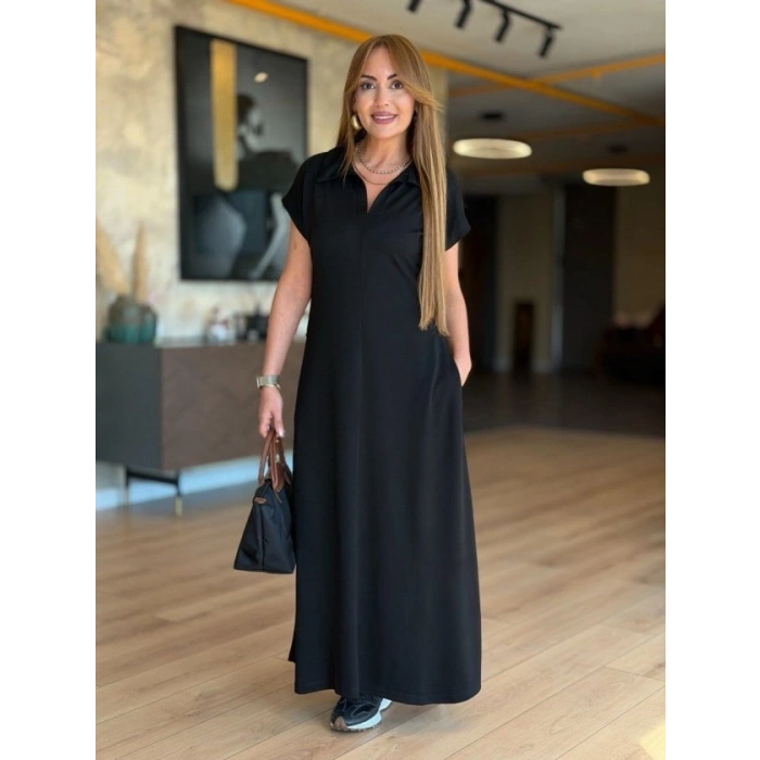 Biçomi Kadın Kısa Kollu Yakalı Cepli Uzun Viskon Iki Iplik Elbise