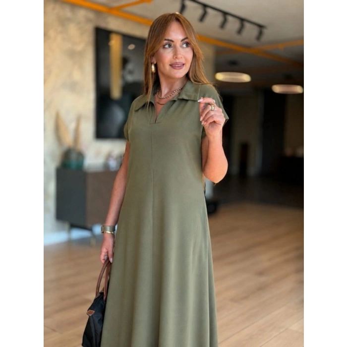 Biçomi Kadın Kısa Kollu Yakalı Cepli Uzun Viskon Iki Iplik Elbise