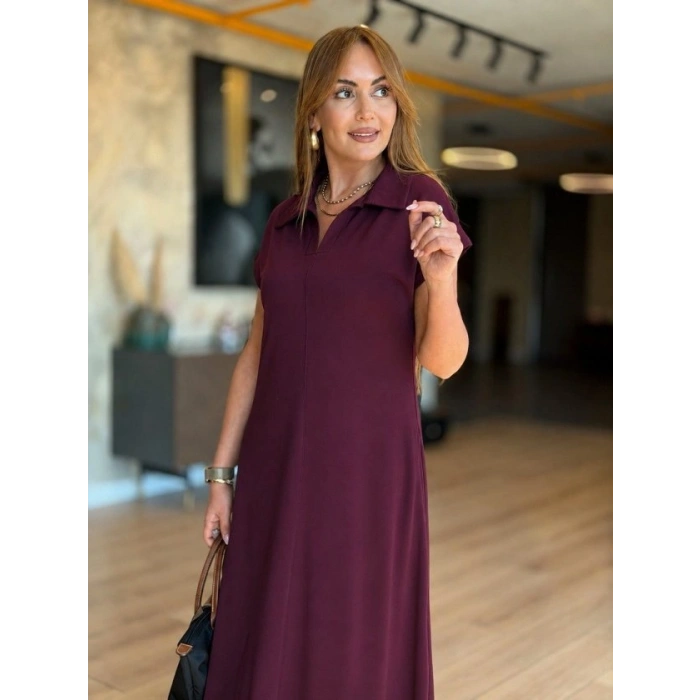 Biçomi Kadın Kısa Kollu Yakalı Cepli Uzun Viskon Iki Iplik Elbise