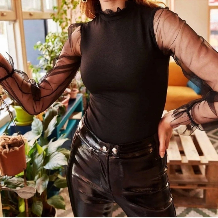 Biçomi Kadın Kolları Tül Detaylı örme Krep Kumaş Bluz