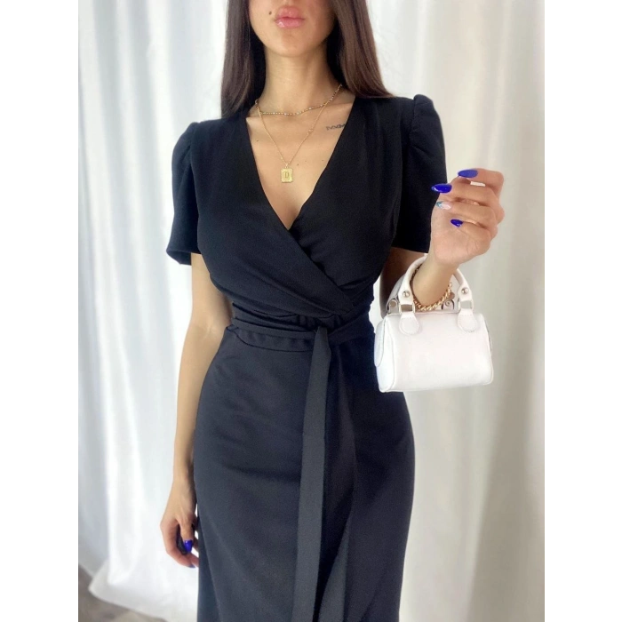 Biçomi Kadın Kruvaze Yaka Midi Boy Kuşaklı Krep Elbise 120 Cm