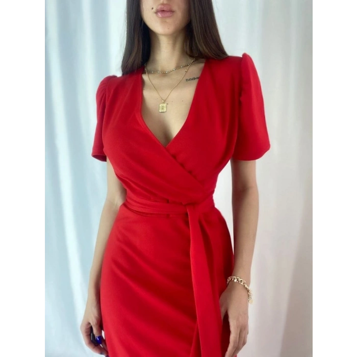 Biçomi Kadın Kruvaze Yaka Midi Boy Kuşaklı Krep Elbise 120 Cm