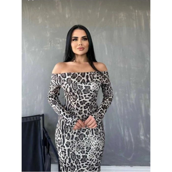 Biçomi Kadın Madonna Yaka Dalgıç Kumaş Leopar Desen Maxi Boy Derin Yırtmaçlı Elbise