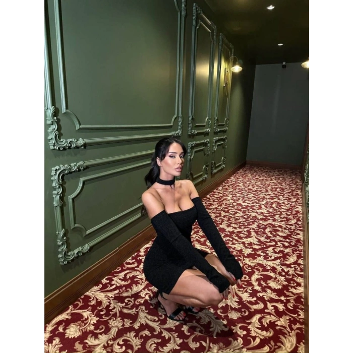 Biçomi Kadın Madonna Yaka Simli Flower Kumaş Mini Elbise
