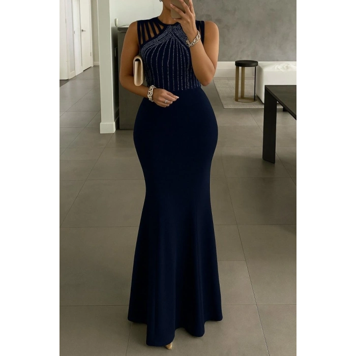 Biçomi Kadın Omuz çoklu Askılı önü Taş Işlemeli Balık Kesim Janjan Krep Maxi Boy Elbise