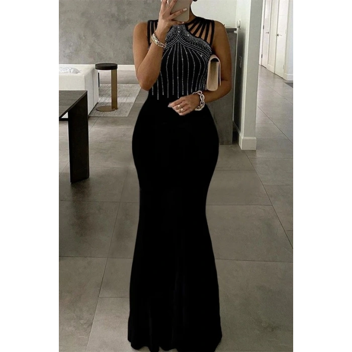 Biçomi Kadın Omuz çoklu Askılı önü Taş Işlemeli Balık Kesim Janjan Krep Maxi Boy Elbise