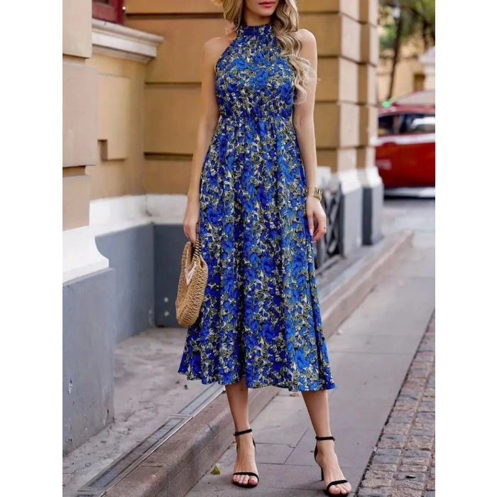 Biçomi Kadın Omuz Dekolteli Halter Yaka Desenli Maxi Süprem Elbise
