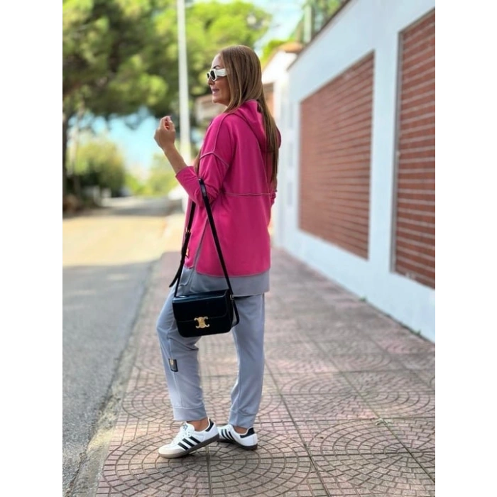Biçomi Kadın Pembe Kapşonlu Etek Ucu Detay Arma Ters Dikiş Gorunumlu Ikili Takım