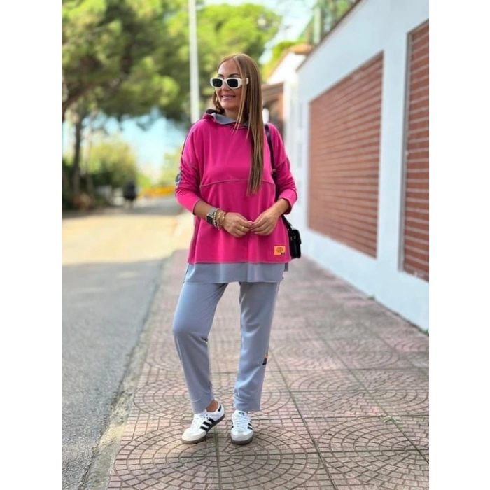 Biçomi Kadın Pembe Kapşonlu Etek Ucu Detay Arma Ters Dikiş Gorunumlu Ikili Takım