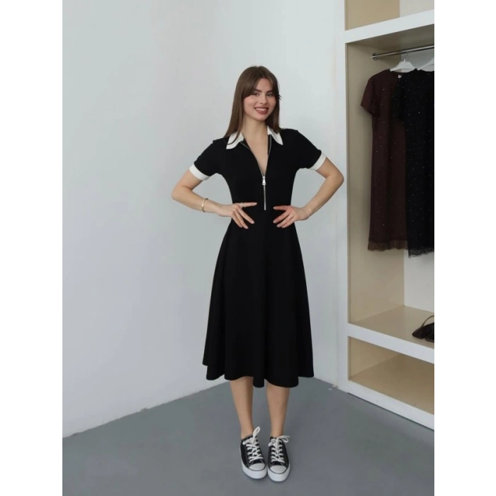 Biçomi Kadın Polo Yaka Fermuar Detaylı Modal Midi Elbise