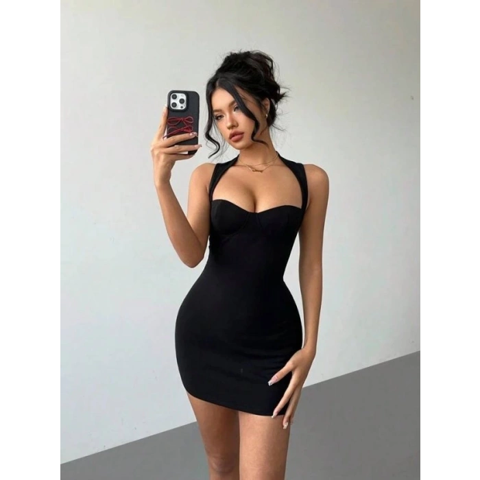 Biçomi Kadın Sırtı Kalp Detaylı Likralı Esnek Kumaş Mini Boy Elbise