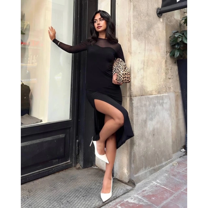 BİÇOMİ Kadın tül detaylı midi boy yırtmaçlı elbise