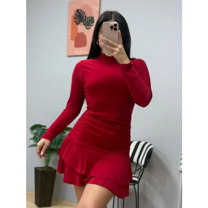 Biçomi Kadın Uzun Kollu Balıkçı Yaka Mini Fırfırlı Sandy Elbise
