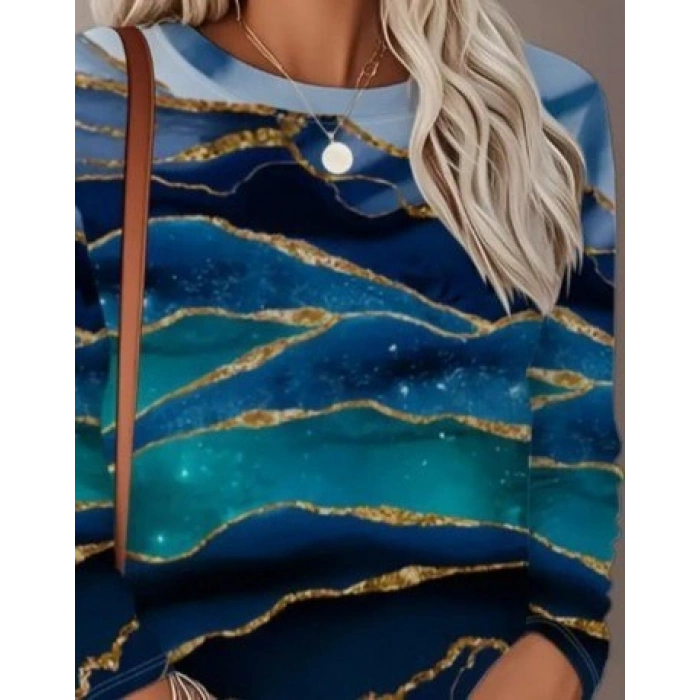 Biçomi Kadın Uzun Kollu Bisiklet Yaka Desenli Modal Bluz