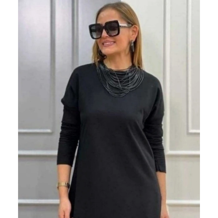 Biçomi Kadın Uzun Kollu Bisiklet Yaka Etek Ucu Deri Dantelli Viskon Iki Iplik Midi Elbise