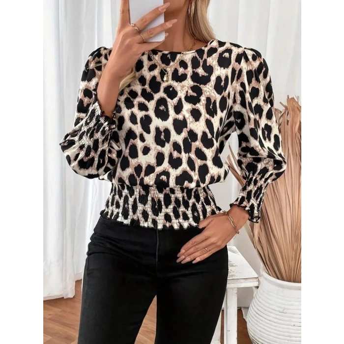 Biçomi Kadın Uzun Kollu Bisiklet Yaka Leopar Desenli Modal Bluz