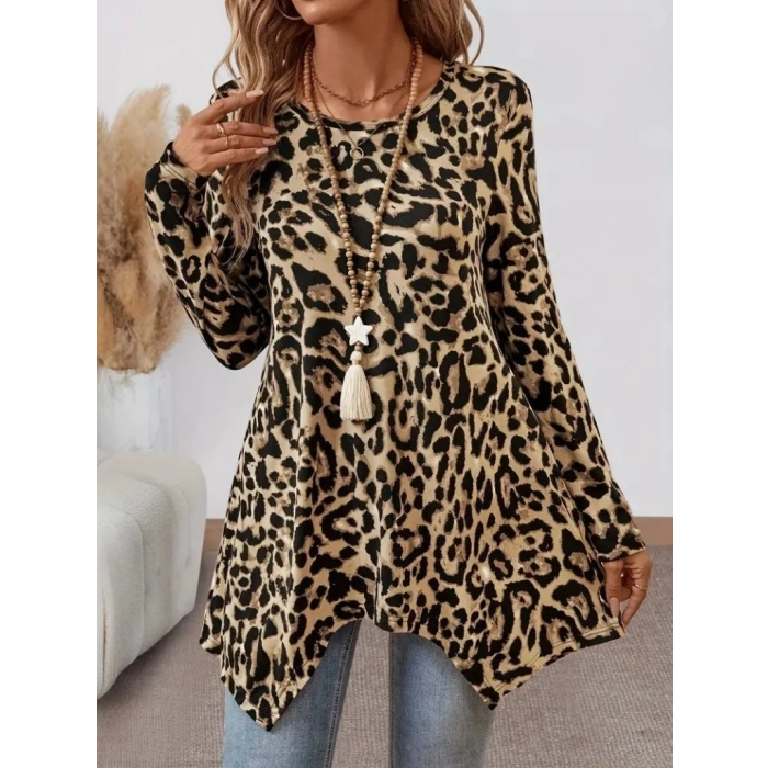 Biçomi Kadın Uzun Kollu Bisiklet Yaka Leopar Desenli Süprem Bluz