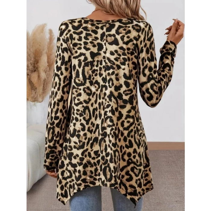 Biçomi Kadın Uzun Kollu Bisiklet Yaka Leopar Desenli Süprem Bluz