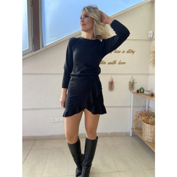 Biçomi Kadın Uzun Kollu Bisiklet Yaka önden Volanlı Ithal Krep Elbise