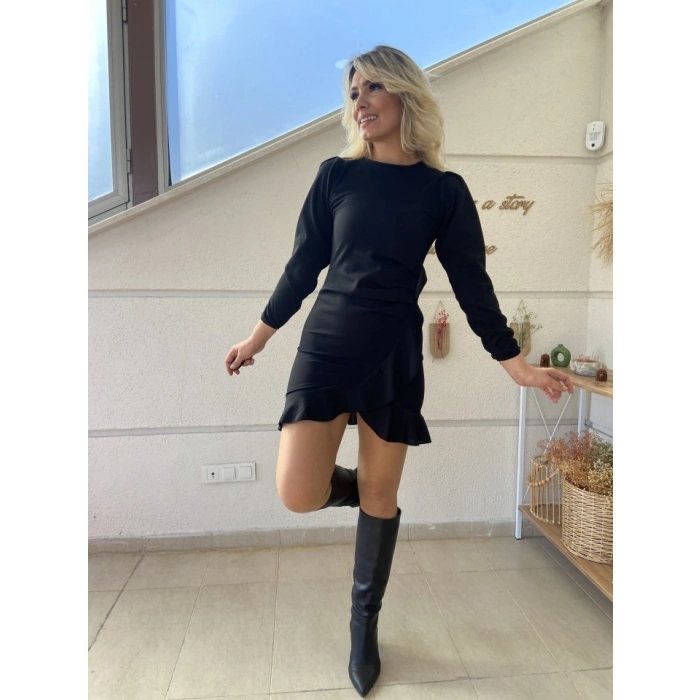 Biçomi Kadın Uzun Kollu Bisiklet Yaka önden Volanlı Ithal Krep Elbise