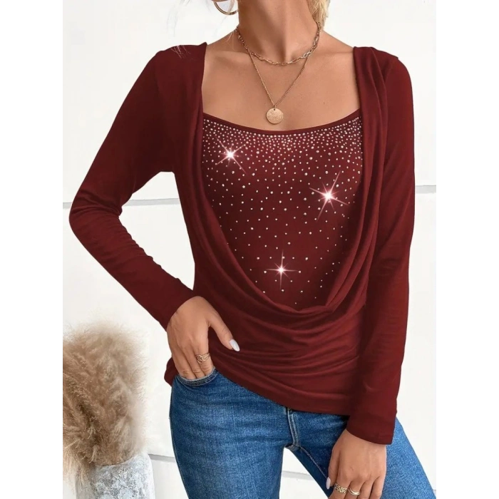 Biçomi Kadın Uzun Kollu Derin Degaje Yakalı Taşlı Sandy Bluz
