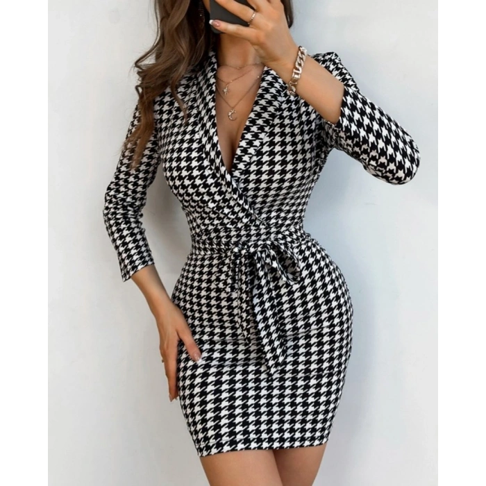 Biçomi Kadın Uzun Kollu Kruvaze Yaka Bağlamalı Kemer Dalgıç Mini Boy Elbise
