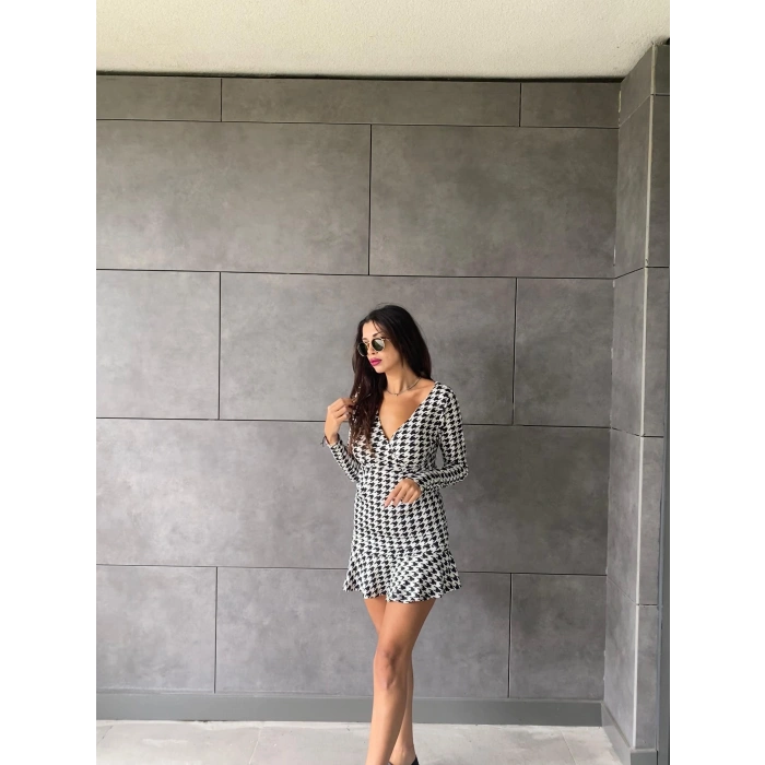 Biçomi Kadın Uzun Kollu Kruvaze Yaka Kazayağı Mikro Mini Boy Elbise