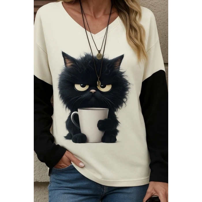 Biçomi Kadın Uzun Kollu V Yakalı Kedi Baskılı şardonlu Dalgıç Bluz