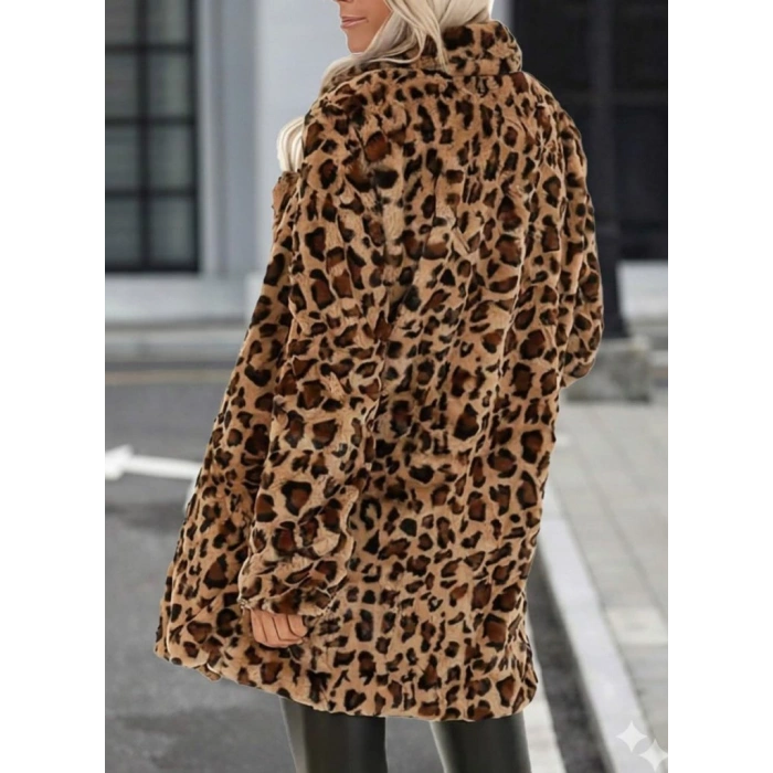 Biçomi Kadın Uzun Kollu Yakalı Cepli Kısa Peluş Leopar Kaban