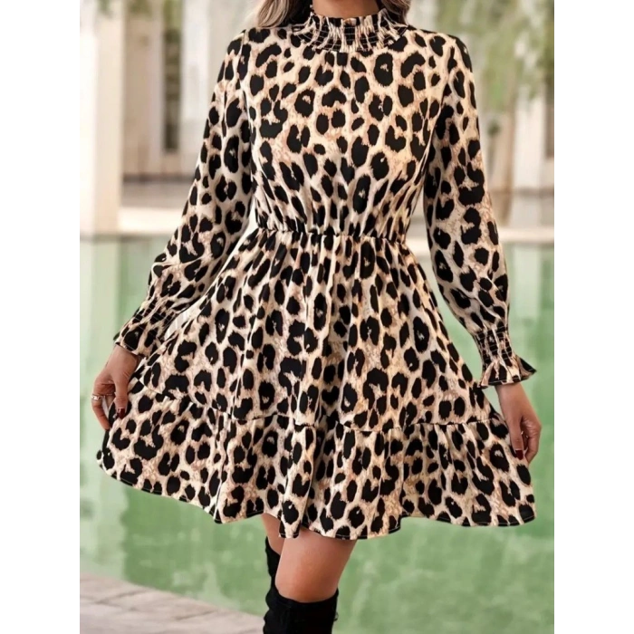 Biçomi Kadın Uzun Kollu Yarı Balıkçı Yaka Leopar Desenli Modal Mini Elbise