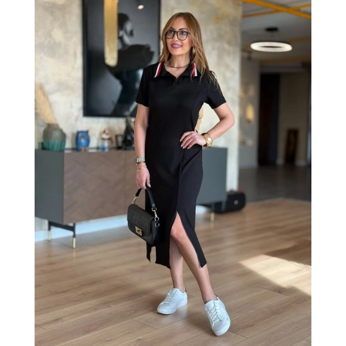 Biçomi Kadın Yaka Ribanalı Çift Yırtmaçlı Elbise