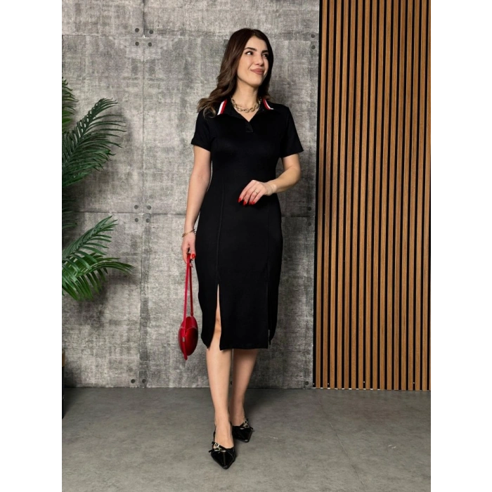Biçomi Kadın Yaka Ribanalı Çift Yırtmaçlı Elbise