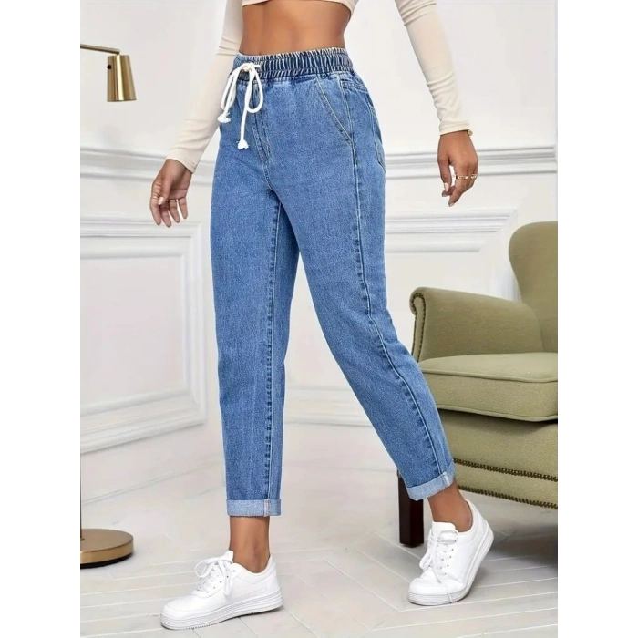 Biçomi Kadın Yüksek Bel Bağcıklı Kot Pantolon