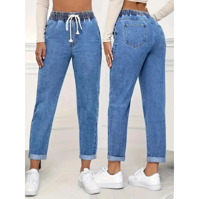 Biçomi Kadın Yüksek Bel Bağcıklı Kot Pantolon