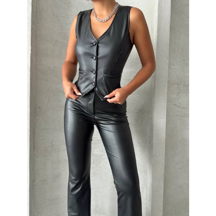 BİÇOMİ Kaplama düğmeli deri yelek siyah s24398