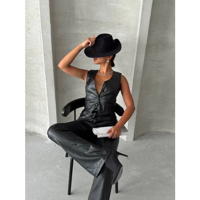 BİÇOMİ Kaplama düğmeli deri yelek siyah s24398