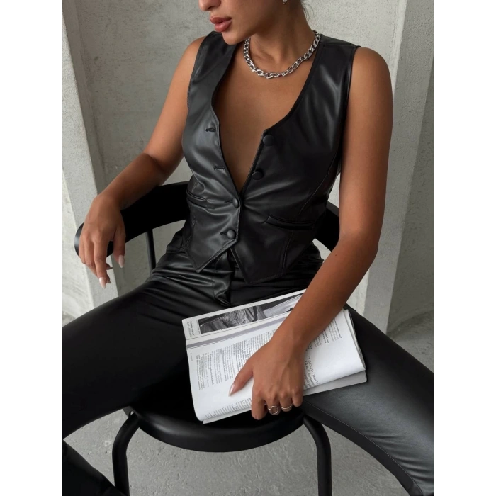 BİÇOMİ Kaplama düğmeli deri yelek siyah s24398