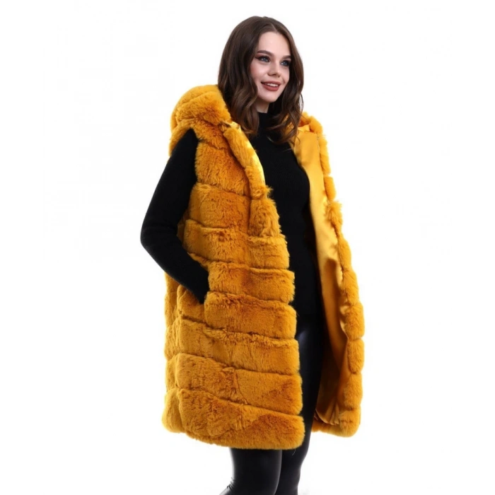 Biçomi Kapşonlu Peluş Kürk Yelek Premium Kalite, Tam Astarlı, Uzun Model - Sarı