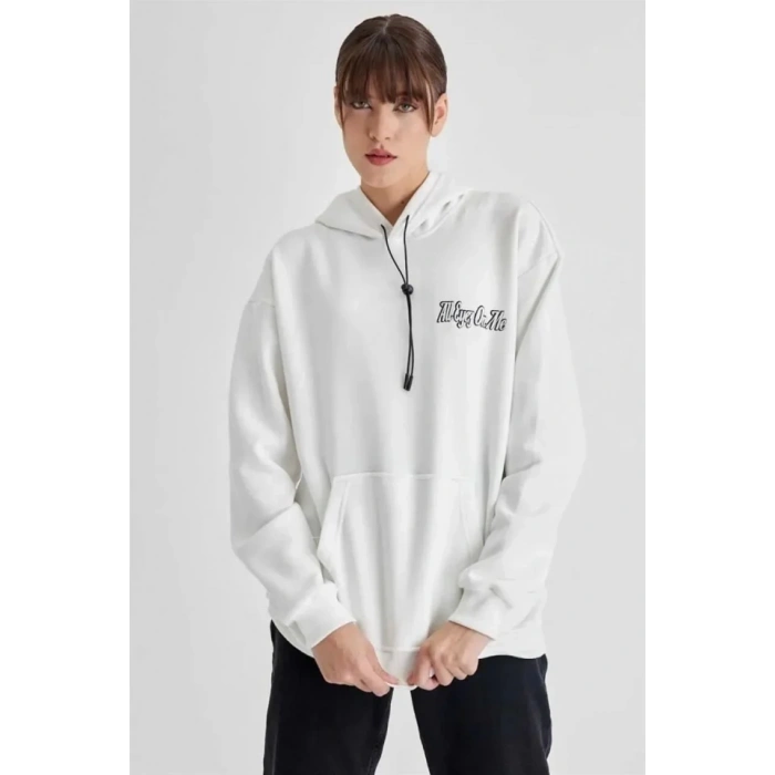 Biçomi Kapüşonlu Sırt Baskılı Üç İplik Oversize Sweatshirt - Beyaz