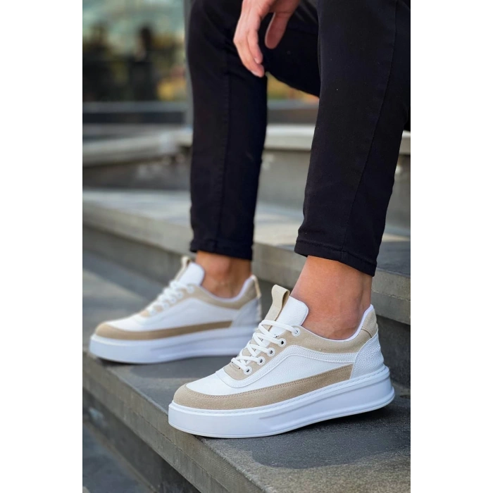 BİÇOMİ KB-006 Kuback Beyaz Cilt Bej Süet  Yüksek Taban Bağcıklı Günlük Erkek Ayakkabı