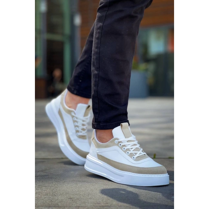 BİÇOMİ KB-006 Kuback Beyaz Cilt Bej Süet  Yüksek Taban Bağcıklı Günlük Erkek Ayakkabı