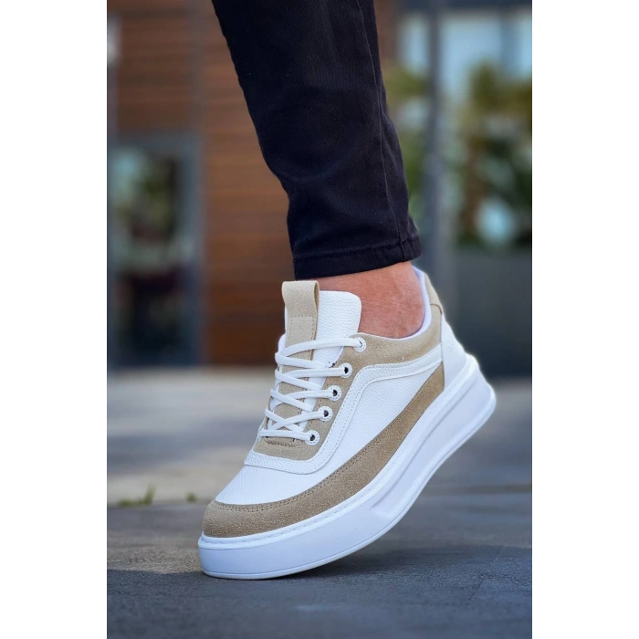 BİÇOMİ KB-006 Kuback Beyaz Cilt Bej Süet  Yüksek Taban Bağcıklı Günlük Erkek Ayakkabı