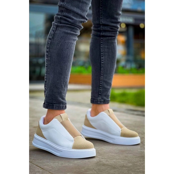 BİÇOMİ KB-007  Kuback  Beyaz Bej Yüksek Taban Tek Bant Bağcıksız Günlük Erkek Ayakkabı