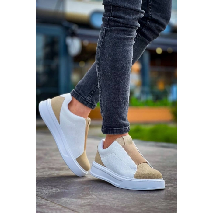 BİÇOMİ KB-007  Kuback  Beyaz Bej Yüksek Taban Tek Bant Bağcıksız Günlük Erkek Ayakkabı