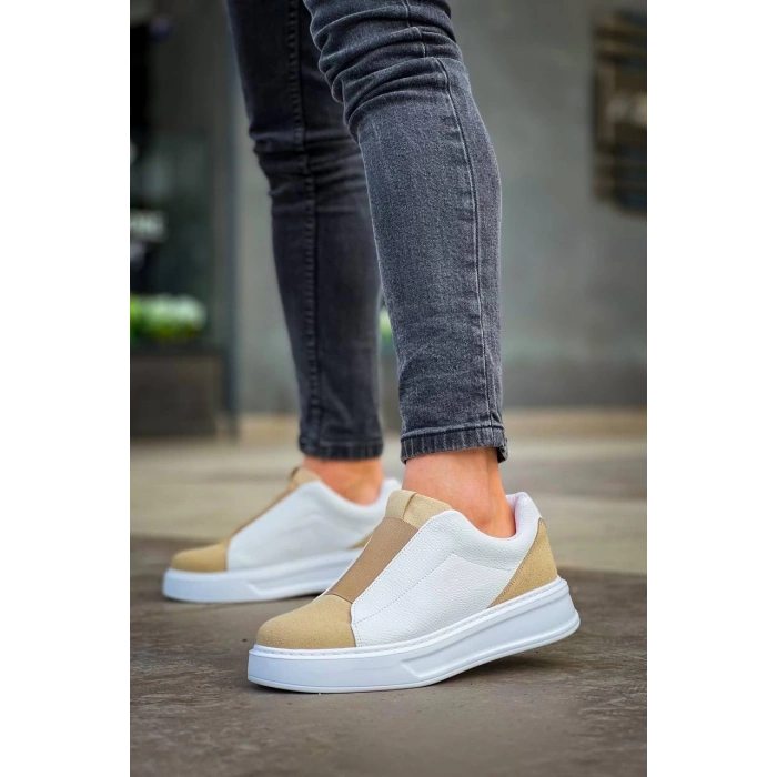 BİÇOMİ KB-007  Kuback  Beyaz Bej Yüksek Taban Tek Bant Bağcıksız Günlük Erkek Ayakkabı