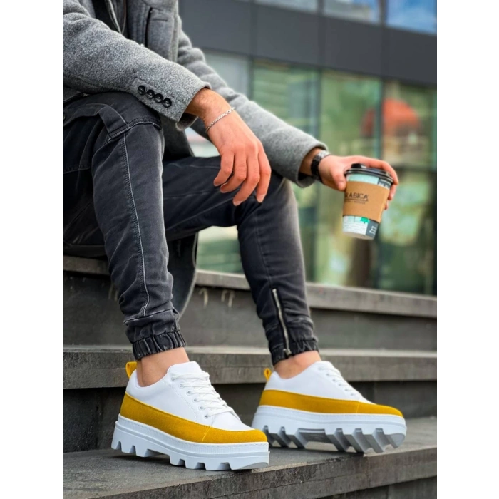 BİÇOMİ KB-056 Kuback Beyaz Sarı Detaylı Beyaz Yüksek Taban Günlük Spor Ayakkabı