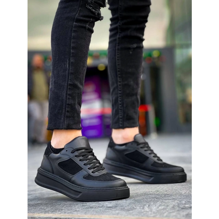 BİÇOMİ KB-X8 Kuback Siyah Cilt Siyah Süet  Detaylı Siyah Yüksek Taban Günlük Spor Ayakkabı