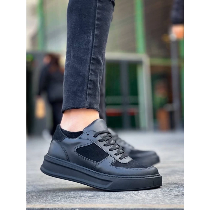 BİÇOMİ KB-X8 Kuback Siyah Cilt Siyah Süet  Detaylı Siyah Yüksek Taban Günlük Spor Ayakkabı